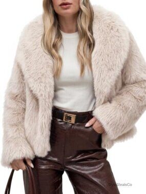 Women's Cropped Faux Fur Coat Wide Lapel Open Front Fully Lined